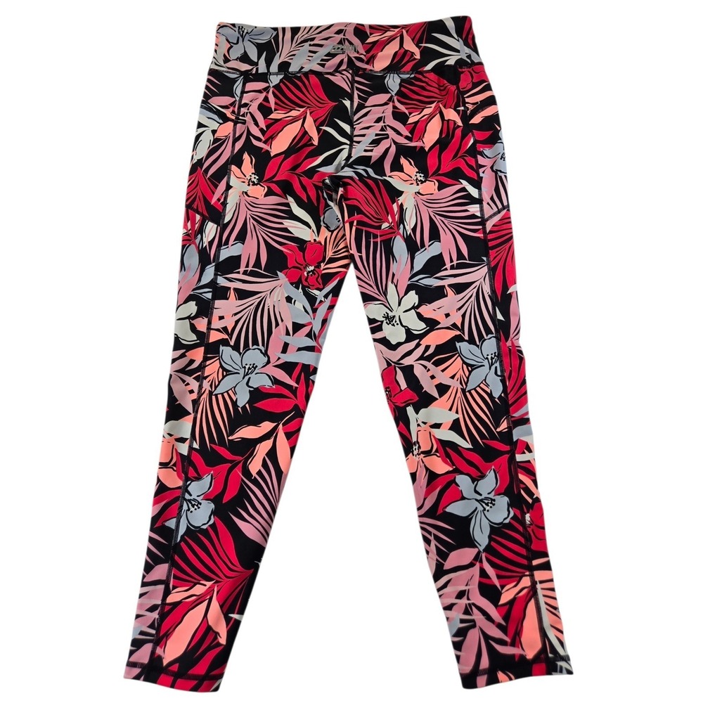 DKNY Sport Womens XL Tropical Floral High Waist Leggings Pockets Pink Black - Picture 7 of 7